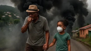 Elderly man Walking with his Grand daughter and coughing due to smoke from burning tyres in Fond Cole, Dominica