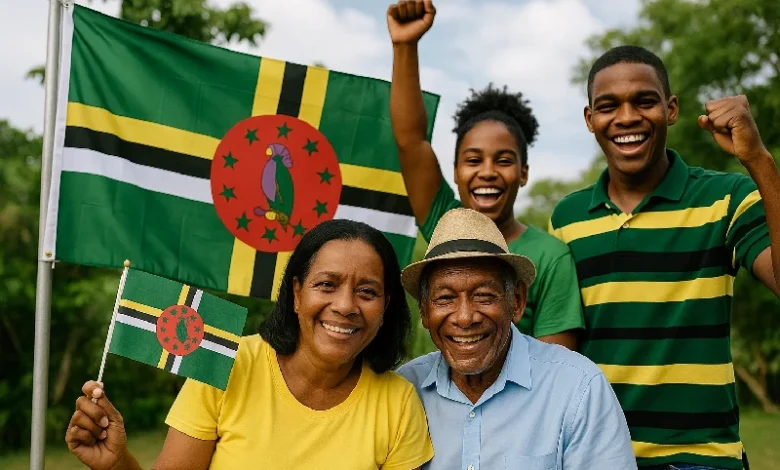 Dominica Citizens Showing Joy and happiness holding the flag of Dominica - expressing national pride