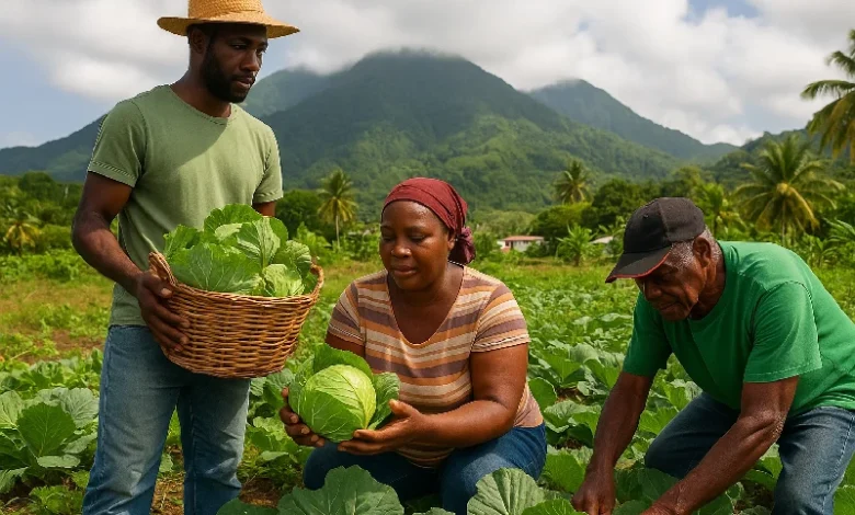 Local Farmers in a Rural Farm in Dominica are harvesting Cabbage