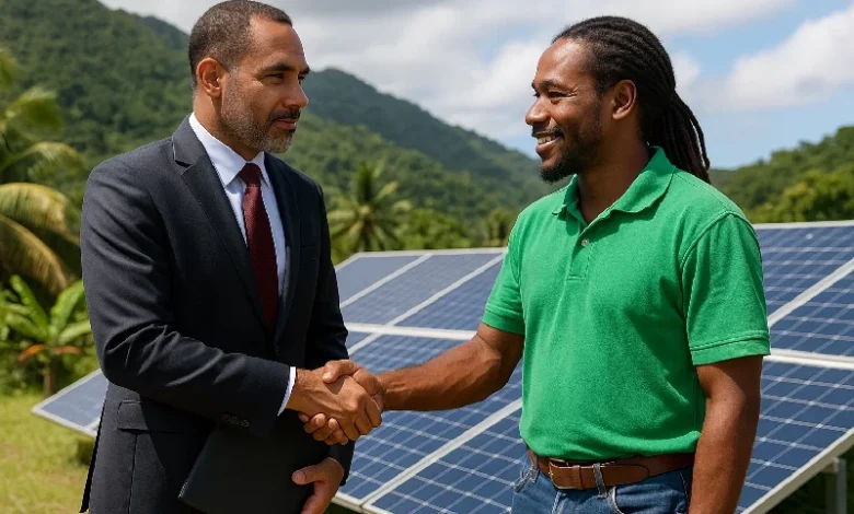 Foreign investor shaking hands with Dominican on Green Energy Project