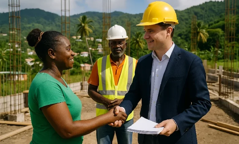 Britsh Foreign Investor in Dominica on Hotel Site shaking hands with Workers