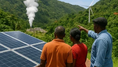 Green Energy in Dominica: View of 3 people looking at Solar, wwind and Geothermal Energy Examples on the Dominica Landscape