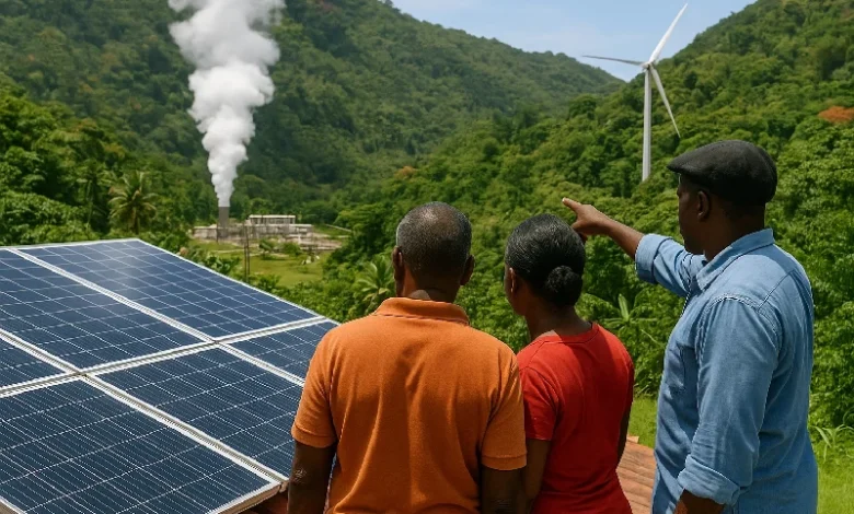 Green Energy in Dominica: View of 3 people looking at Solar, wwind and Geothermal Energy Examples on the Dominica Landscape