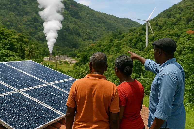 Green Energy in Dominica: View of 3 people looking at Solar, wwind and Geothermal Energy Examples on the Dominica Landscape
