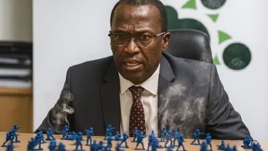 Man Sits at Desk with UWP Blue Toy Soldiers