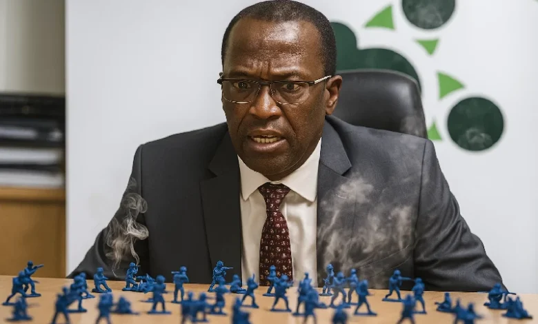 Man Sits at Desk with UWP Blue Toy Soldiers