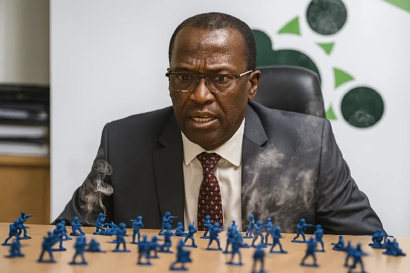 Man Sits at Desk with UWP Blue Toy Soldiers