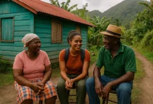 Girl Spending time sitting in a rural Village in Dominica Talking to Elderly Couple