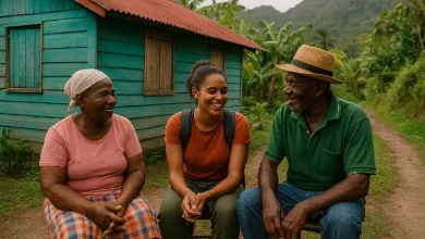 Girl Spending time sitting in a rural Village in Dominica Talking to Elderly Couple