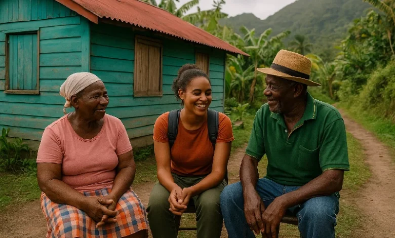 Girl Spending time sitting in a rural Village in Dominica Talking to Elderly Couple