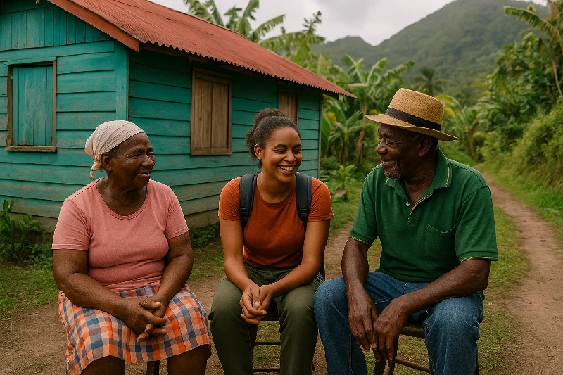 Girl Spending time sitting in a rural Village in Dominica Talking to Elderly Couple