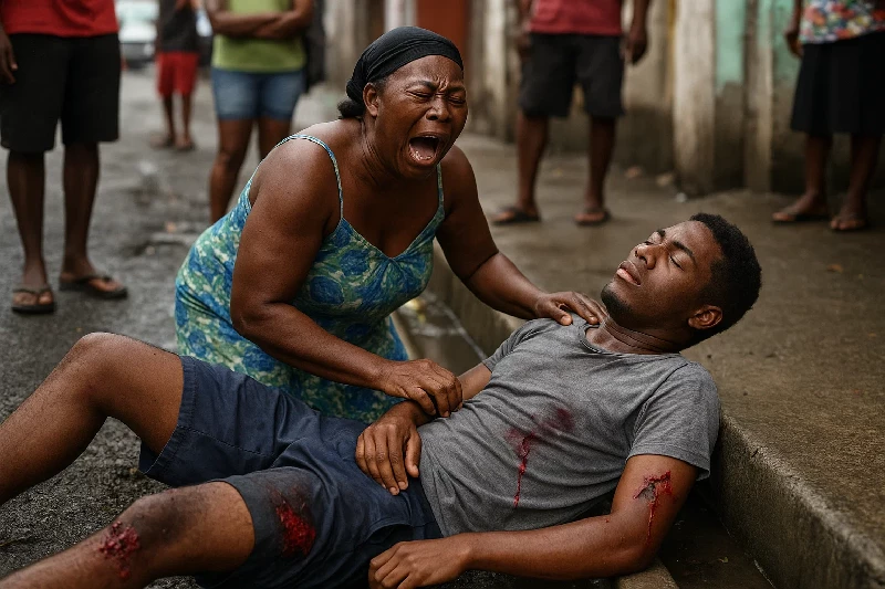 Mother Cries for the Son Shot in Roseau, On the Street in the Gutter while onlookers Stare without Helping
