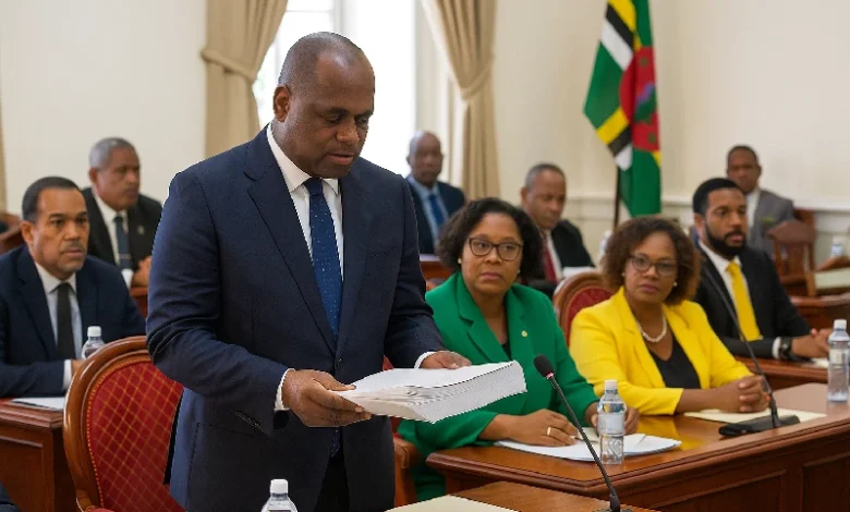A formal parliamentary session in Dominica with members of the House of Assembly engaged in debate on the Appropriation Bill, authorizing government expenditure for ministries and departments.