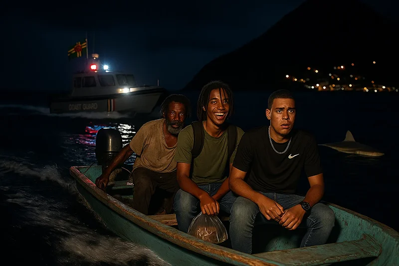 A small fishing boat at night near Scotts Head, Dominica, with an unkempt captain steering and two teenagers at the front, one smiling with a backpack and the other looking scared with a plastic bag, as the Dominica Coast Guard and a shark appear in the background.