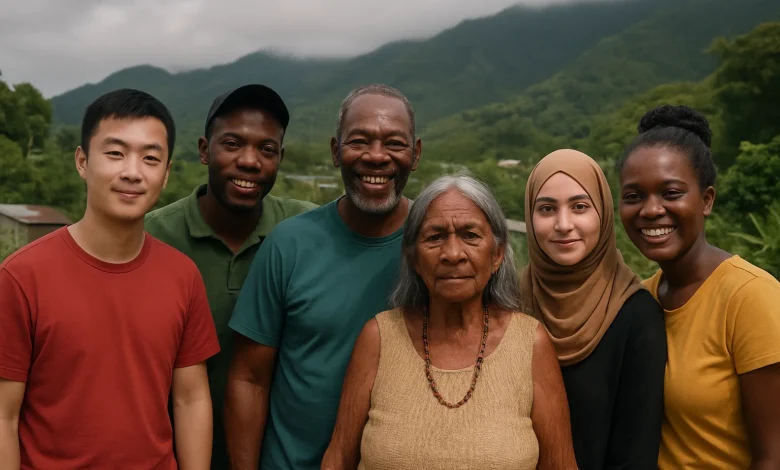 Citizens of Dominica: 6 people, 3 are of African Ethnicity, 1 chiense, 1 Arab woman and one Kalinago woman