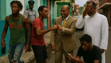 Drug Abuse in Roseau as Police stand in the back and Politician Fist Bump a drug user and the clergy cover their eyes