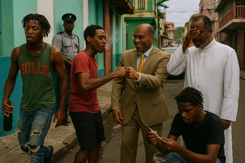 Drug Abuse in Roseau as Police stand in the back and Politician Fist Bump a drug user and the clergy cover their eyes