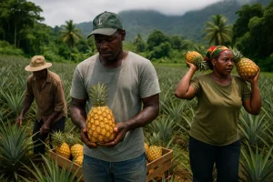 Farmers in a Rural Farm in Dominica Harvesting Pineapples