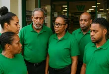 What Appears to be Staff from Whitchurch (but they are not) standing together discussing Salary and Benefits issues in Dominica