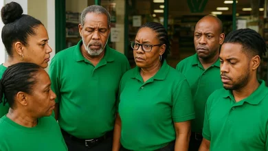 What Appears to be Staff from Whitchurch (but they are not) standing together discussing Salary and Benefits issues in Dominica