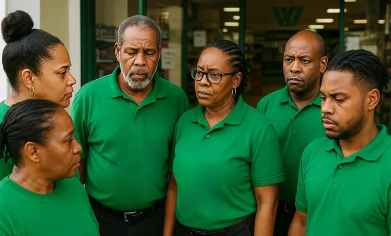 What Appears to be Staff from Whitchurch (but they are not) standing together discussing Salary and Benefits issues in Dominica