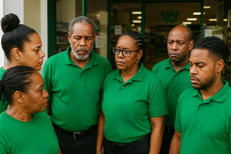 What Appears to be Staff from Whitchurch (but they are not) standing together discussing Salary and Benefits issues in Dominica