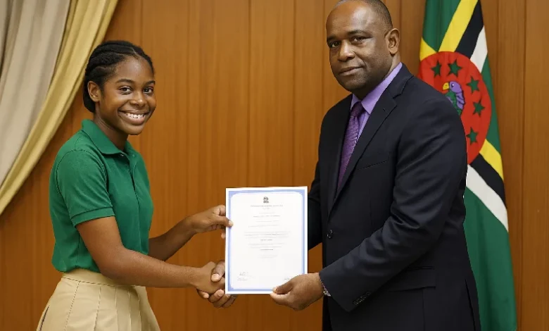 Students, receives her CXC Certificate from the Educational Official from the Ministry of Education in Dominica