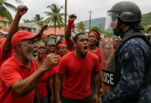 People Gathering in Rural Dominica to Oppose an Issue while Police are in Full riot Gear