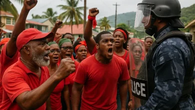 People Gathering in Rural Dominica to Oppose an Issue while Police are in Full riot Gear