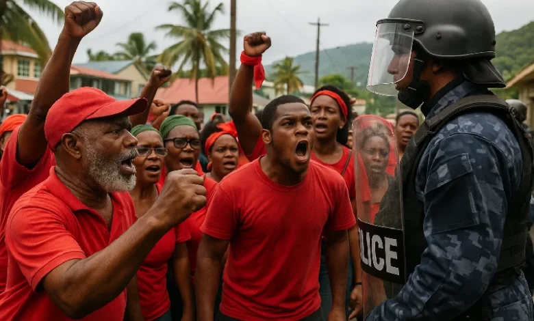 People Gathering in Rural Dominica to Oppose an Issue while Police are in Full riot Gear