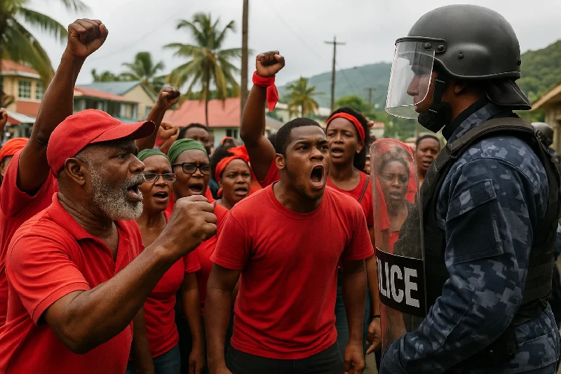People Gathering in Rural Dominica to Oppose an Issue while Police are in Full riot Gear