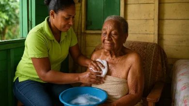 In-Home Health Care worker, Washing and Elderly Woman with a piece of Cloth as she sits on a Chair with a Blue Basin with Water in her Hand.