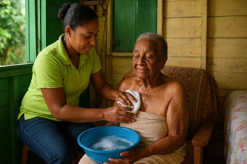 In-Home Health Care worker, Washing and Elderly Woman with a piece of Cloth as she sits on a Chair with a Blue Basin with Water in her Hand.