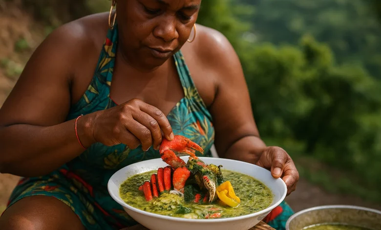 Woman in a Rural Village in Dominica Siting with a deep bowl of Crab Callaloo, holding the claws and ready to eat.