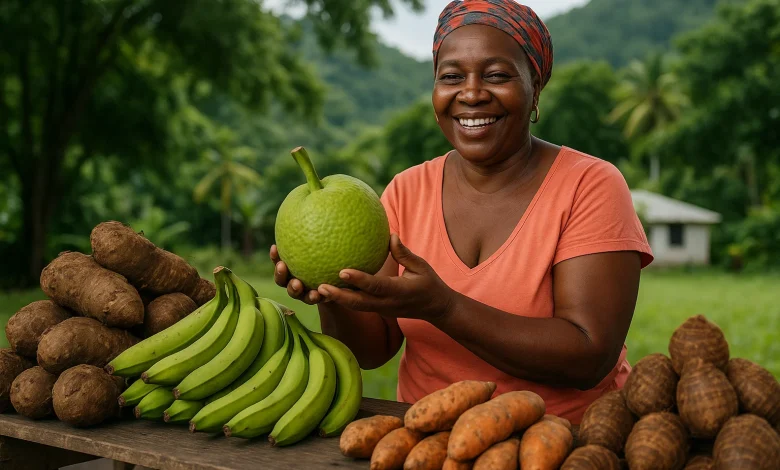 Whoman in a Rural Area in Dominica Holding a Breadfruit in her hand while she smiles standing at her Local Stall selling Ground provisions; Tannia, Dasheen, Green Bananas, Sweet Potatoes and Yams