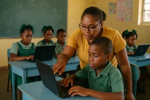 A Female Teacher in Classroom in Dominica ,with Students who are on their Laptops as she Provides Help to Each Student personally