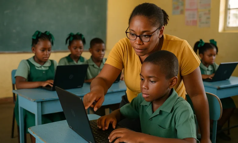 A Female Teacher in Classroom in Dominica ,with Students who are on their Laptops as she Provides Help to Each Student personally
