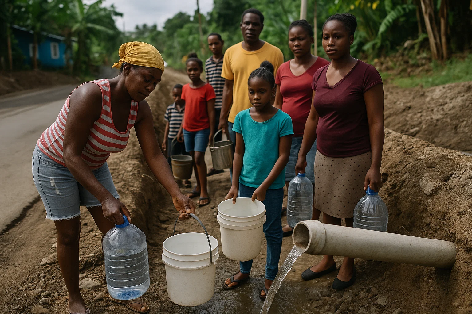 Residents Filling Water Containers in Village