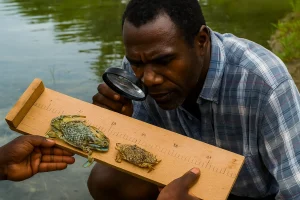 Man Measuring and Cataloguing Swimming Crabs