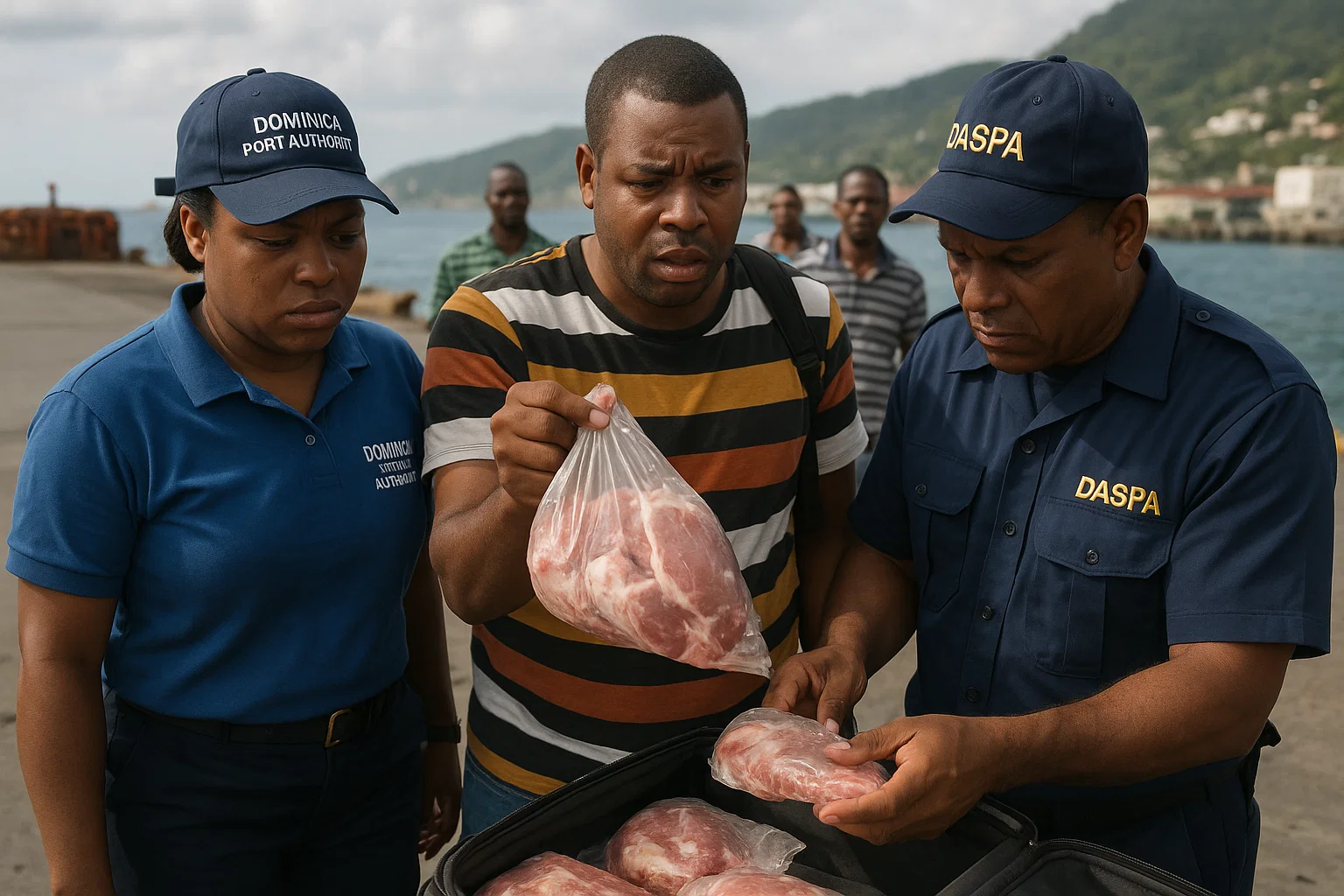 DASPA Staff Checking someone from Dominica who is bringing in Meat products into the Borders of Dominica without a warrant