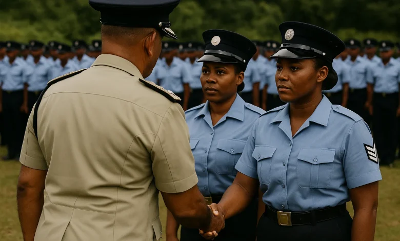 Dominica Police Chief Shaking Hands of Officers Tweo Female Officers Who Have Been Given Acting Appointments. the Rest of the Police Are in the Background