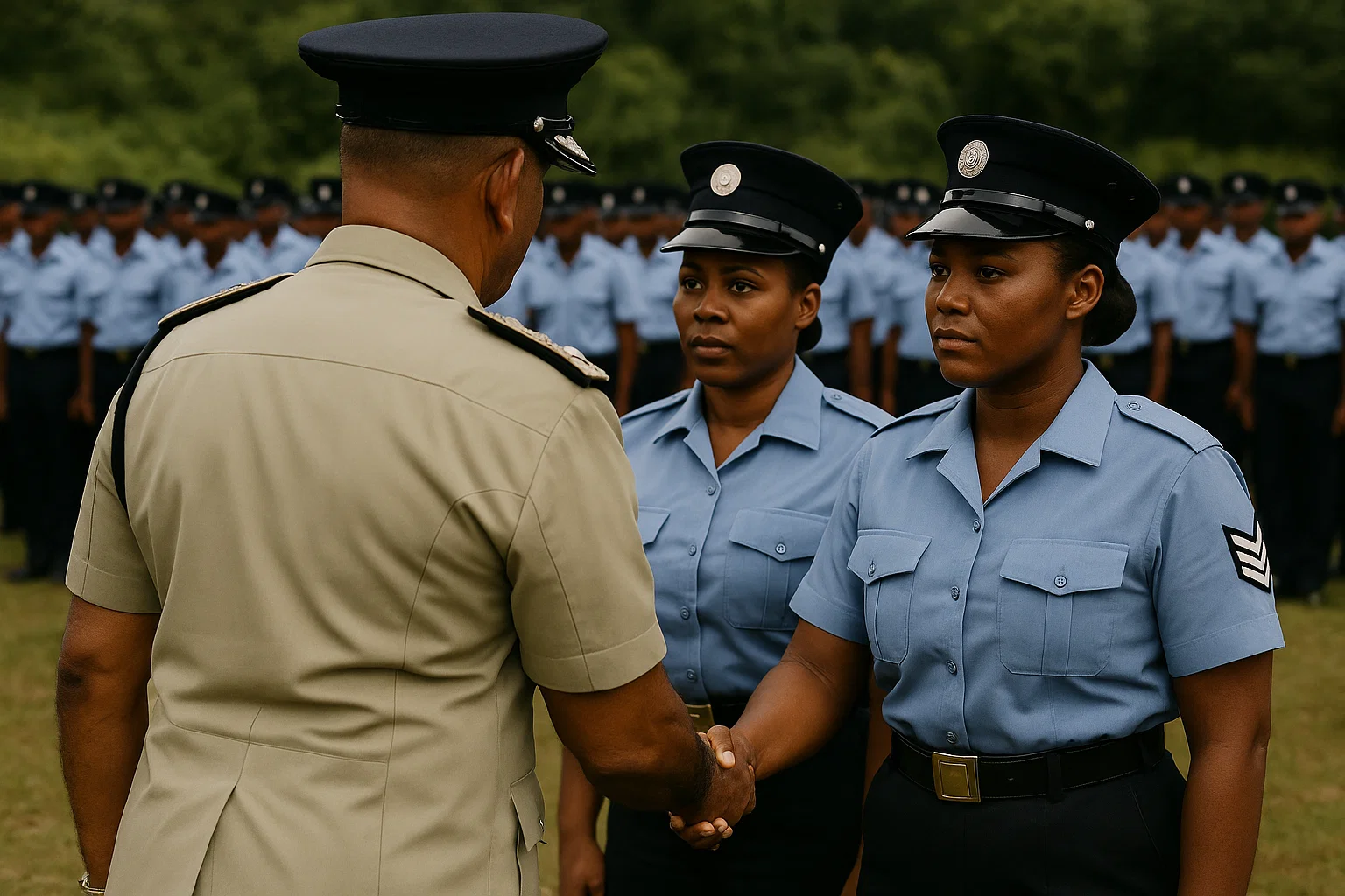 Dominica Police Chief Shaking Hands of Officers Tweo Female Officers Who Have Been Given Acting Appointments. the Rest of the Police Are in the Background