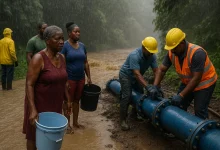 DOWASCO Fixing Pipes in Domincia Rural Areas Due to heavy Rainfall and Flooding. Villagers Stand with buckets hoping to collect water.