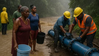 DOWASCO Fixing Pipes in Domincia Rural Areas Due to heavy Rainfall and Flooding. Villagers Stand with buckets hoping to collect water.