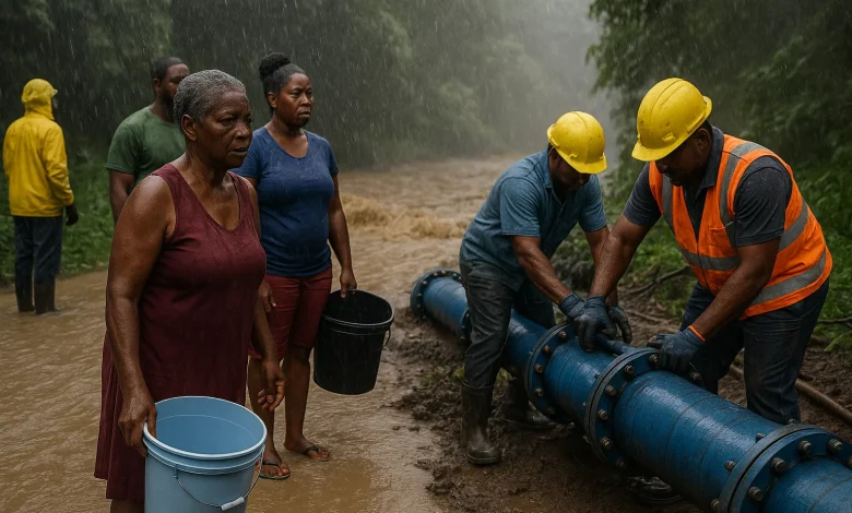 DOWASCO Fixing Pipes in Domincia Rural Areas Due to heavy Rainfall and Flooding. Villagers Stand with buckets hoping to collect water.