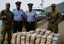 Drug Trafficking Bust: Tons of Cocaine seized by Dominica Police and Coast Guard as they stand in front of it.