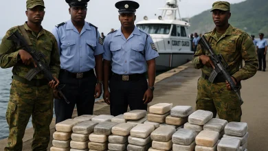 Drug Trafficking Bust: Tons of Cocaine seized by Dominica Police and Coast Guard as they stand in front of it.
