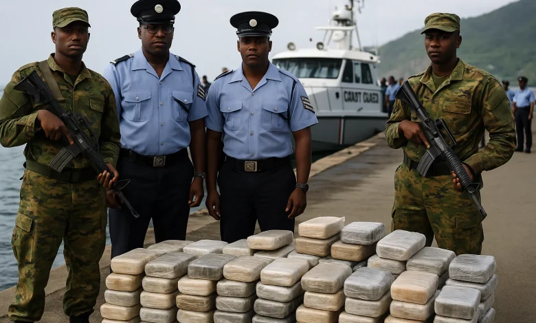 Drug Trafficking Bust: Tons of Cocaine seized by Dominica Police and Coast Guard as they stand in front of it.