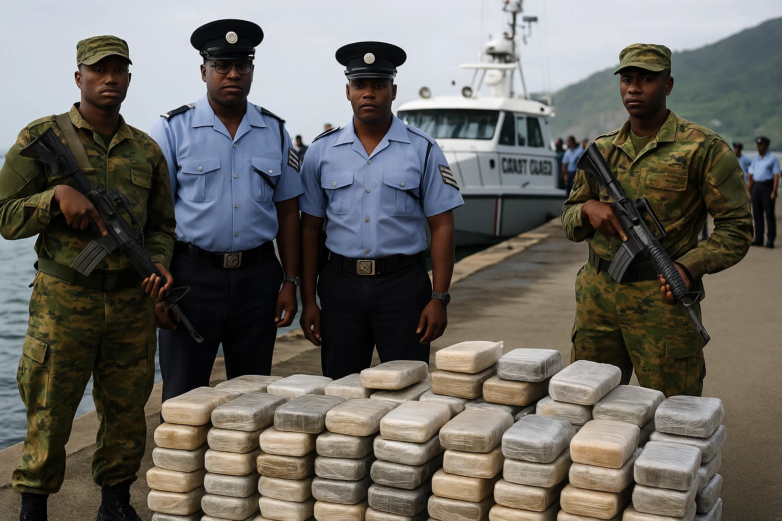 Drug Trafficking Bust: Tons of Cocaine seized by Dominica Police and Coast Guard as they stand in front of it.