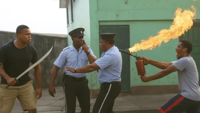 Domincans: man with a black shirt and cutlass the other witha flame thrower with 2 police in the middle trying to defend themselves and stop the fight